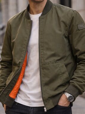 Michael Kors Men’s Olive Bomber Jacket with Orange Lining M size
